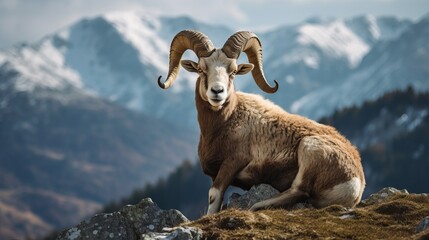 Fototapeta premium Adult mouflon animal on mountain background. Mouflon, Ovis orientalis, forest horned animal in nature habitat