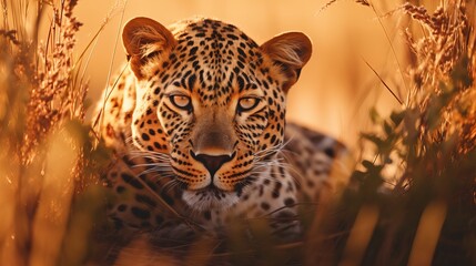 Africa wildlife. Leopard, Panthera pardus shortidgei, nature habitat, big wild cat in the nature habitat, sunny day on the savannah, Okavango delta Botswana. Wildlife nature. Leopard hidden in grass - obrazy, fototapety, plakaty