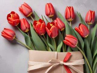 Beautiful red tulips in craft paper on gray pastel background with copy space, spring time, mother's day.