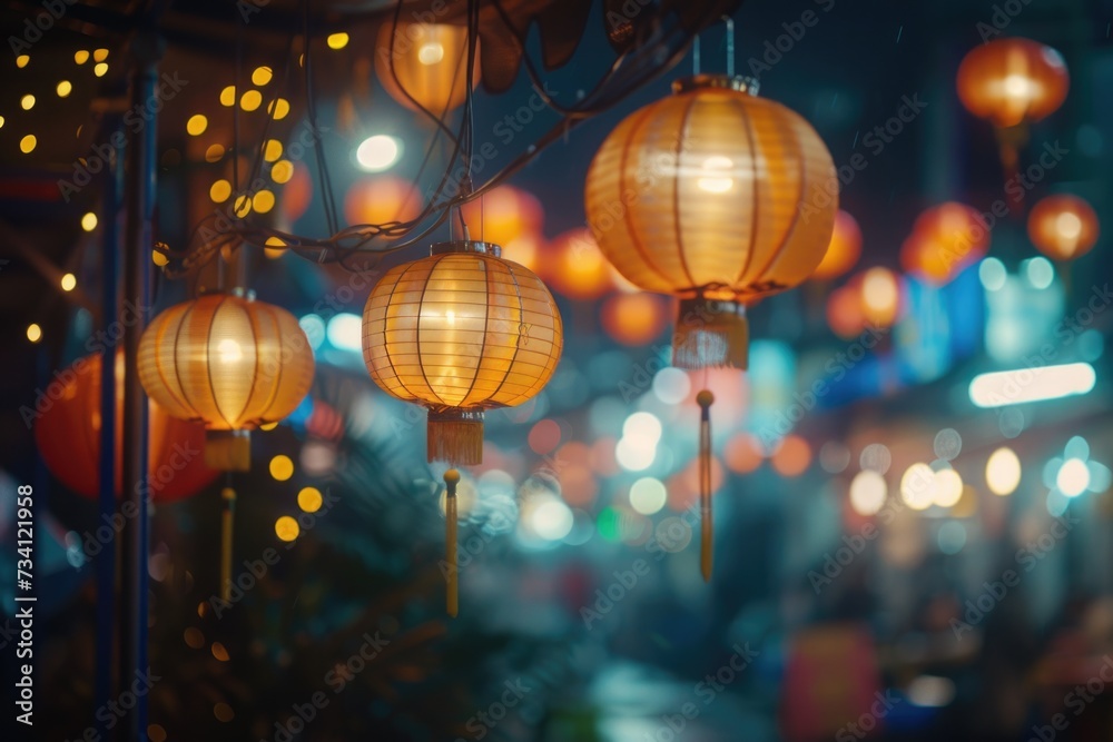 Poster Paper lanterns hanging from a ceiling. Perfect for adding a festive touch to any event