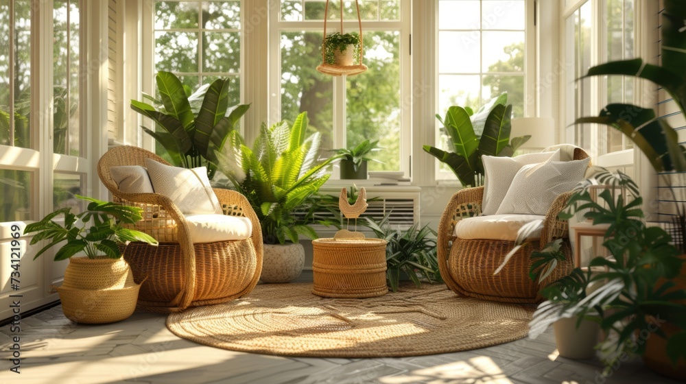 Poster a sun-filled room filled with lush green plants and featuring a comfortable wicker chair. perfect fo
