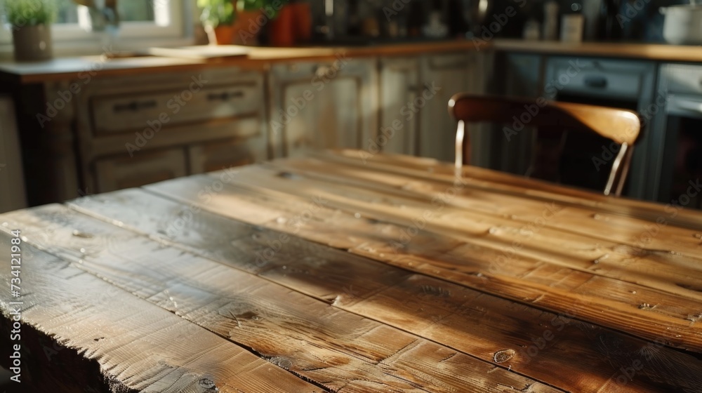 Poster a wooden table sitting in a kitchen next to a window. perfect for showcasing meals and creating a co