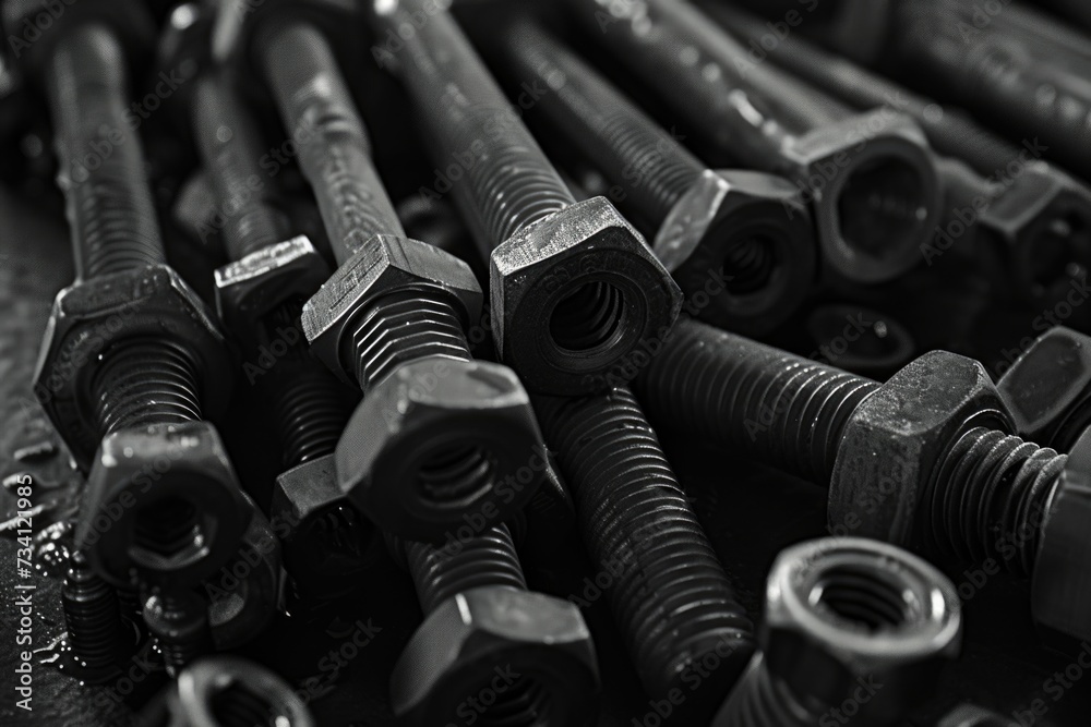 Poster a collection of nuts and bolts arranged on a table. suitable for industrial and construction themes