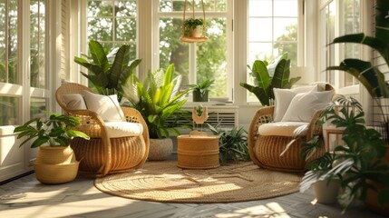 A sun-filled room filled with lush green plants and featuring a comfortable wicker chair. Perfect for creating a relaxing and natural atmosphere.