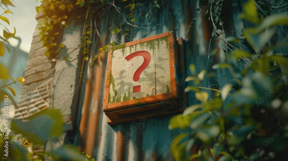 Aufkleber A picture of a building with a question mark on it. Can be used to represent uncertainty, mystery, or a search for answers