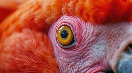 A detailed close-up of an orange parrot's eye. Perfect for nature enthusiasts and bird lovers