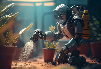 robot watering plants in the greenhouse. Generative AI
