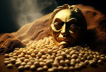 Beans for bean-throwing and masks of ogres placed on a Japanese-style golden background. Japanese ogres. Generative AI
