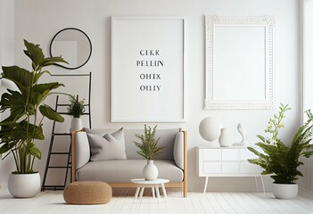Mockup frame in Scandinavian interior background, bright room in white neutral colors, Boho style, 3d render. Generative AI