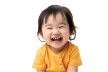 Studio portrait of a cute happy little girl with a beautiful smile isolated on transparent png background.