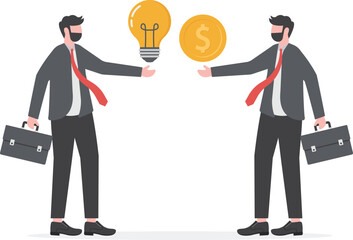 Two businessmen holding dollar coin and ideas. Concept business vector illustration

