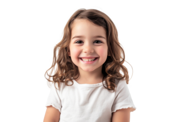 Studio portrait of a cute happy little girl with a beautiful smile isolated on transparent png background.