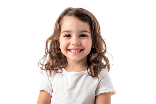 Studio portrait of a cute happy little girl with a beautiful smile isolated on transparent png background.