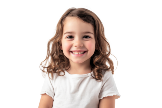 Studio portrait of a cute happy little girl with a beautiful smile isolated on transparent png background.