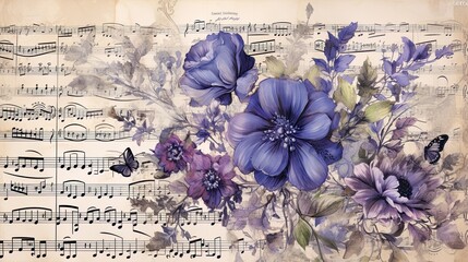 floral music print on an old dictionary page,