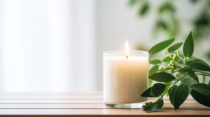 Fototapeta na wymiar Beautiful burning candles with green leaves in vase on white table