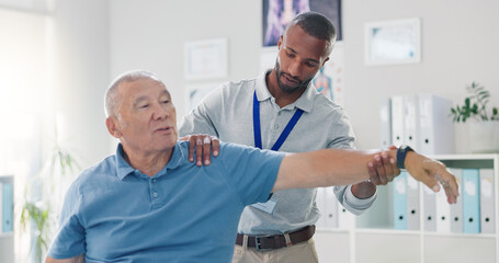 Old man, physiotherapist and arm stretching for training mobility in retirement or rehabilitation,...