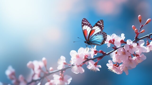 Beautiful blue yellow butterfly in flight and branch of flowering apricot tree in spring at Sunrise on light blue and violet background macro. Elegant artistic image nature. Banner format, copy space