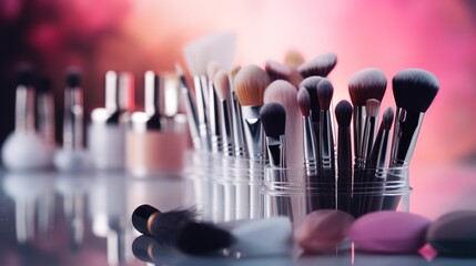 Makeup brushes in glass on pink background. Makeup tools set, soft professional makeup brush, mascara, space for text. Scattered eyeshadow on bright background. Generative Ai