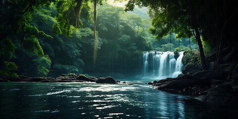 Tropical waterfall in deep forest. Waterfall in jungle.