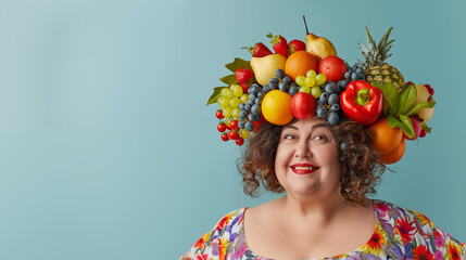Fototapeta na wymiar Woman with a hat made of vegetables and fruits, smiling on a plain background