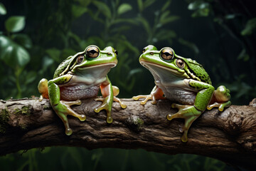 Two frogs sitting on branch staring at each other.