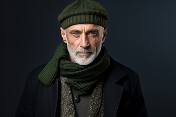Portrait of a senior man wearing a hat, scarf and scarf.