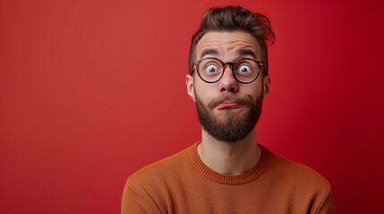 Obraz premium European Man Exuding Curiosity and Wonder, Isolated on Solid Background - Copy Space Included