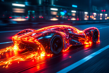 Car in motion has stream of light behind it creating illusion of fire.