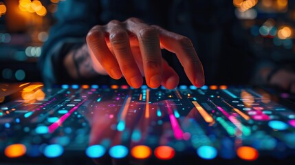 DJ's hand with precise movement on a vibrant, illuminated music mixer board at a nighttime entertainment venue.