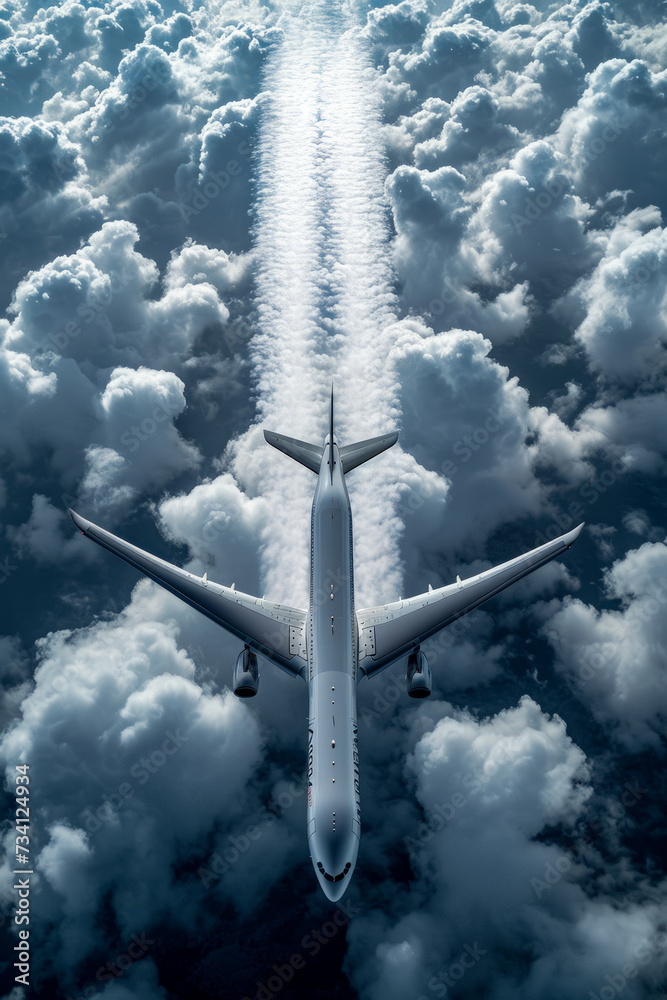 Sticker Plane flying through cloudy sky with contrails behind it.