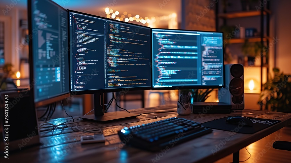 Wall mural dual monitors on a wooden desk display colorful programming code in a cozy home office environment w