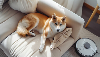 Cute purebred funny Shiba Inu lying on comfortable sofa with modern vacuum cleaner robot smart...