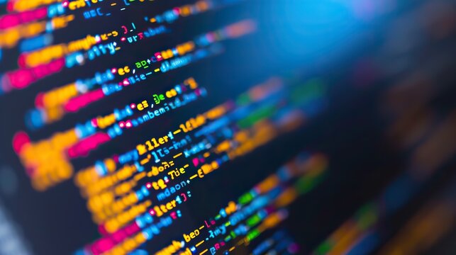 Close-up of colorful programming code on a computer monitor, creatively blurred with bokeh lighting effect, symbolizing coding and software development.