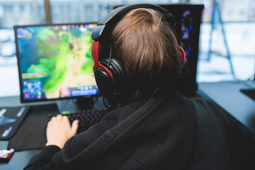 Cyber sport e-sports tournament, team of professional players, gamers playing online esports...