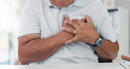 Hands, chest pain and heart attack, old person and cardiovascular health with emergency and angina....