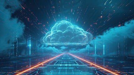 A digital art concept visualizing cloud computing with a glowing cloud structure amid a neon cyber infrastructure.