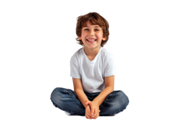 Studio portrait of a cute happy little boy with a beautiful smile isolated on transparent png background.