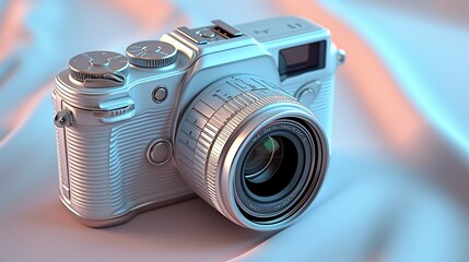 3D of a sleek, white retro-inspired mirrorless camera with detailed lens and dials on a pastel background.
