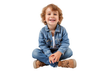 Studio portrait of a cute happy little boy with a beautiful smile isolated on transparent png background.