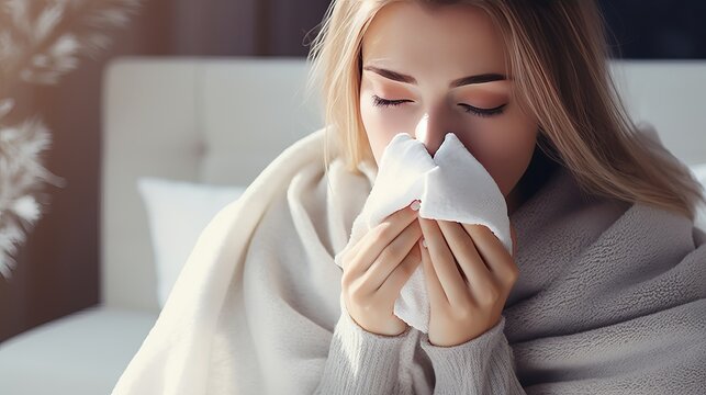 Cold and flu. Sick woman caught cold, feeling illness and sneezing in paper wipe. Closeup of beautiful unhealthy girl covered in blanket wiping nose and looking at thermometer. Healthcare concept