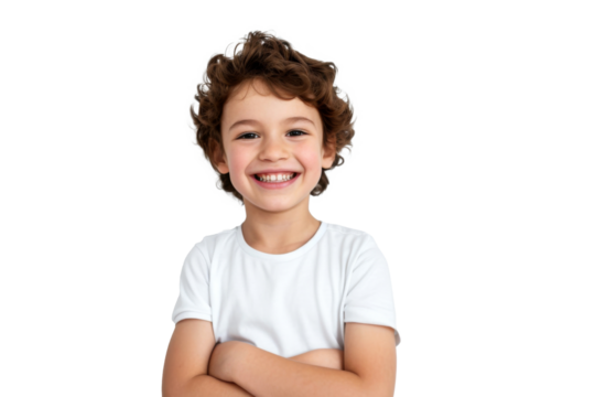 Studio portrait of a cute happy little boy with a beautiful smile isolated on transparent png background.