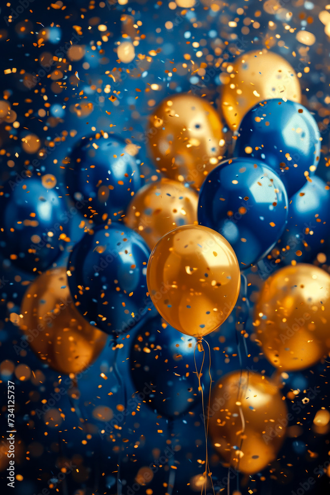 Poster bunch of blue and gold balloons that are floating next to each other.