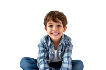 Studio portrait of a cute happy little boy with a beautiful smile isolated on transparent png background.