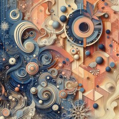 Abstract background with gears, leaf, curves, waves, planets