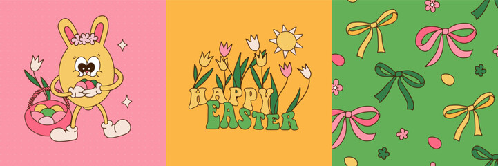 Set of 3 square greeting cards or posters for Happy Easter day with cute retro cartoon bunny, Easter egg, bows pattern and lettering text. Trendy vector illustrations for t-shirt, cover, social media