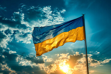 Blue and yellow flag is flying high in cloudy sky with the sun peeking through the clouds.