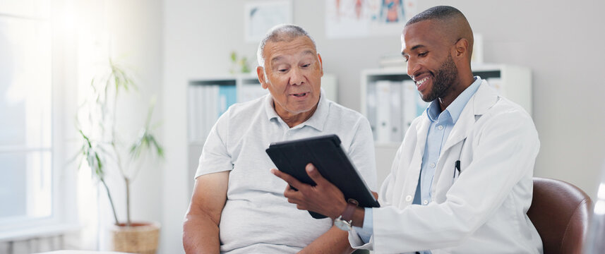 Tablet, physiotherapy and senior man consulting physiotherapist or doctor for results, feedback or recovery plan. Chiropractic, advice and elderly client in consultation room for help, discussion or