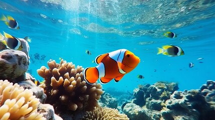 Fototapeta na wymiar Colorful tropical fish in coastal waters. Animals of the underwater sea world. Life in a coral reef. Ecosystem.