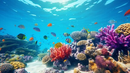 Colorful tropical fish in coastal waters. Animals of the underwater sea world. Life in a coral reef. Ecosystem.